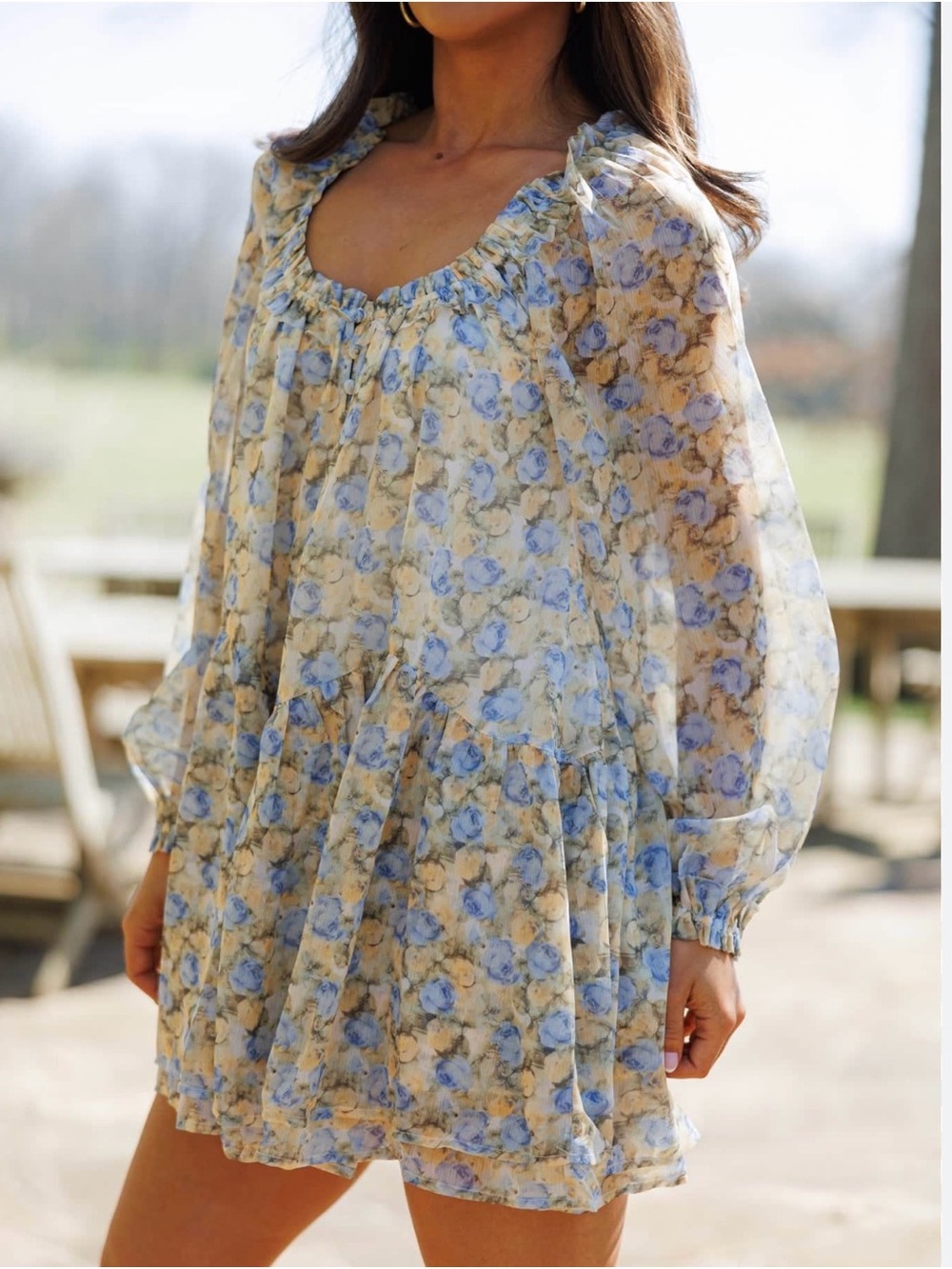 Long Sleeve Floral Smock Romper in Blue, Cream and Yellow